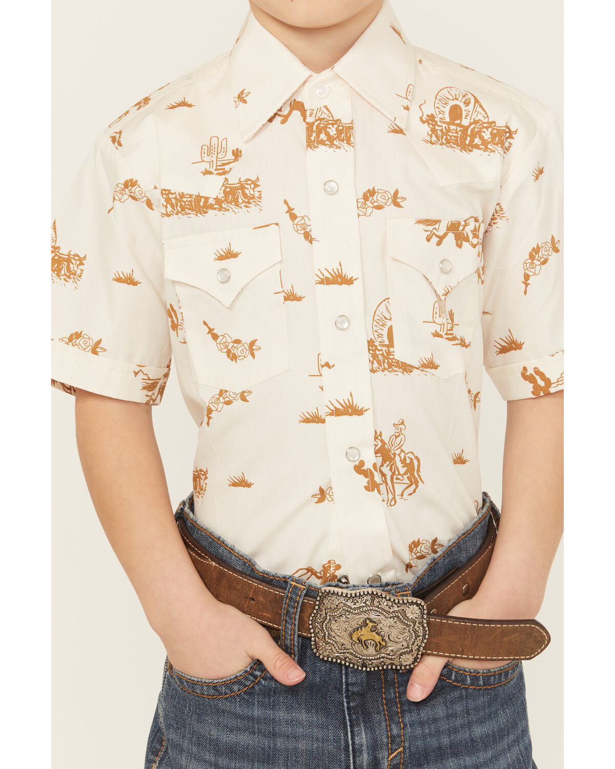 Image #3 - Ely Walker Boys' Conversation Print Short Sleeve Pearl Snap Western Shirt, Tan, hi-res