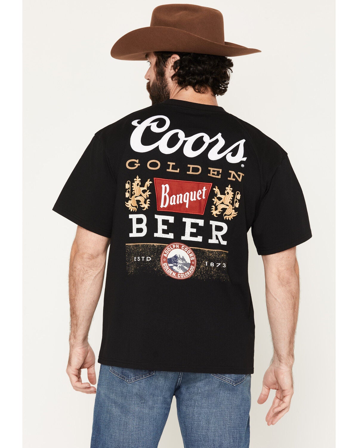 Coors Men's Banquet Golden Lockup Embroidered Short Sleeve Graphic T-Shirt, Black, hi-res