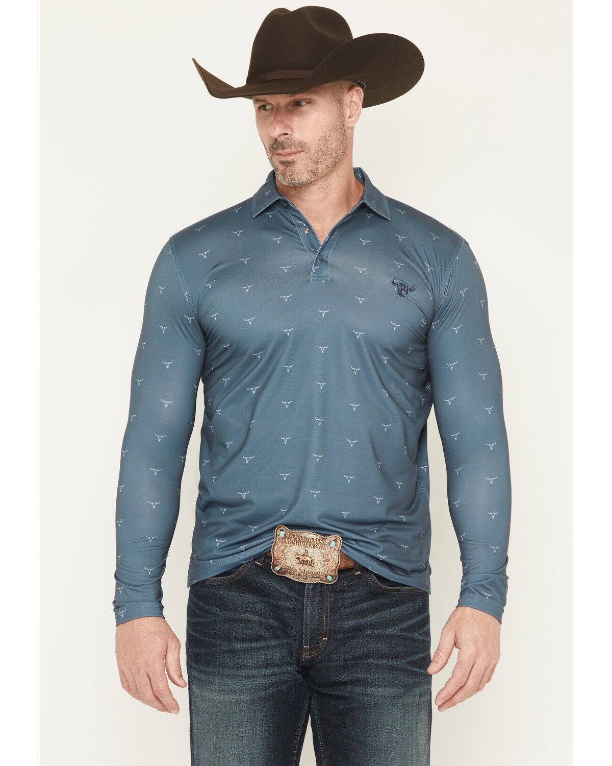 Image #1 - Cowboy Hardware Men's Steerhead Print Long Sleeve Snap Polo, Slate, hi-res