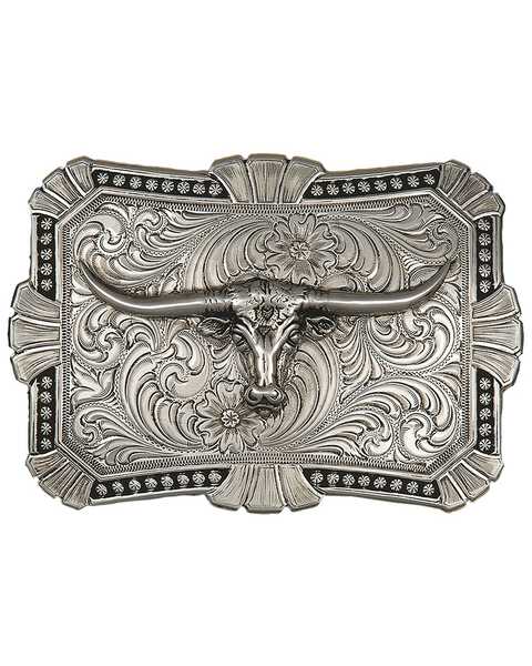 Image #1 - Montana Silversmiths Engraved Longhorn Buckle, Silver, hi-res