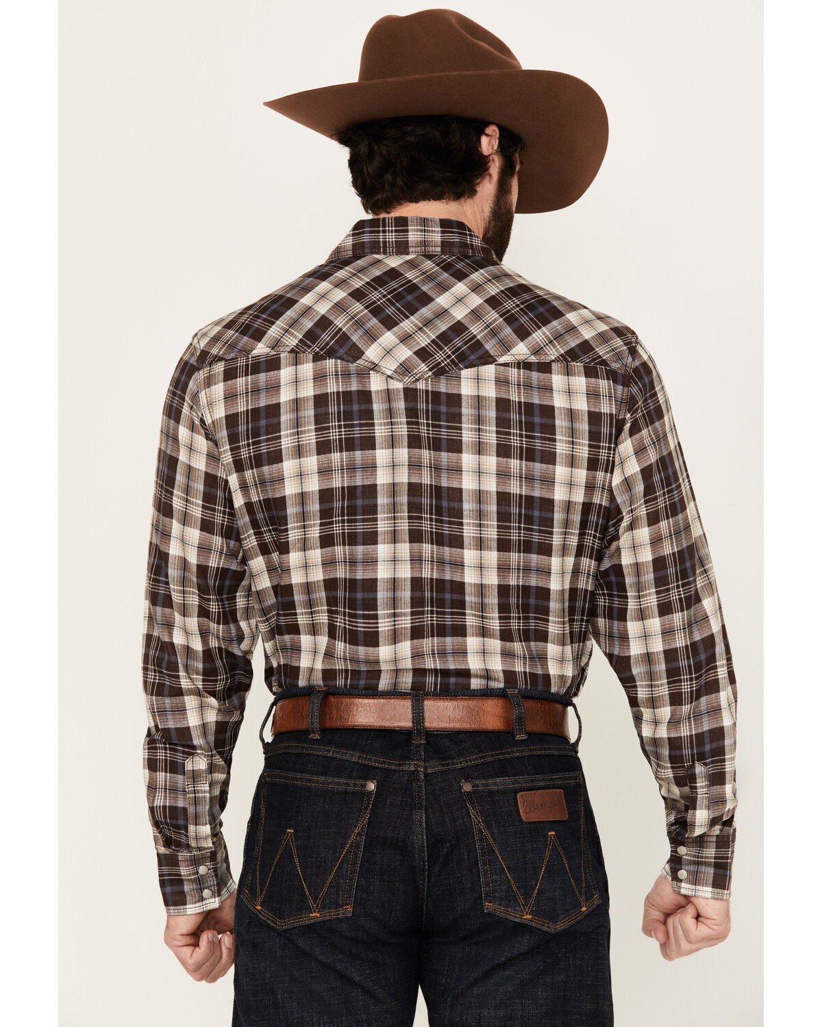 Image #4 - Wrangler Retro Men's Plaid Print Long Sleeve Snap Western Shirt, Brown, hi-res