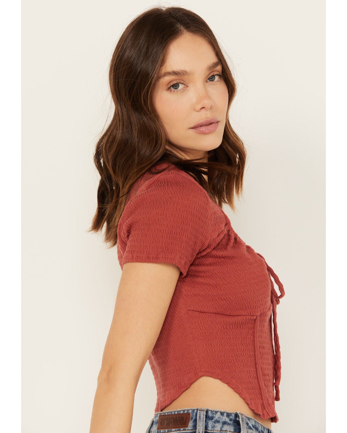 Image #2 - Wild Moss Women's Textured Corset Knit Top, Red, hi-res
