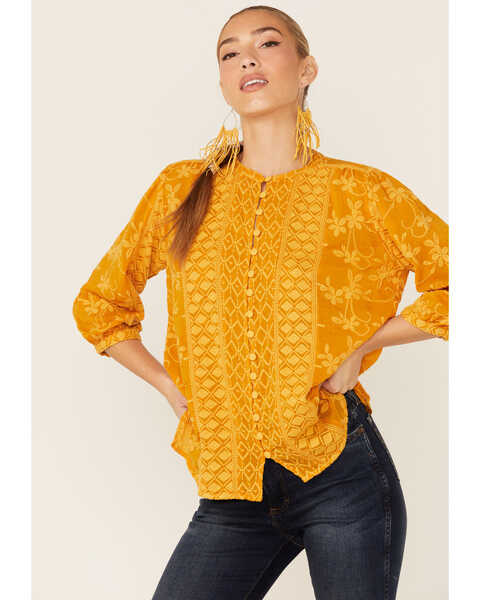 Image #1 - Johnny Was Women's Ciaga Phoebe Button Down Top, Gold, hi-res