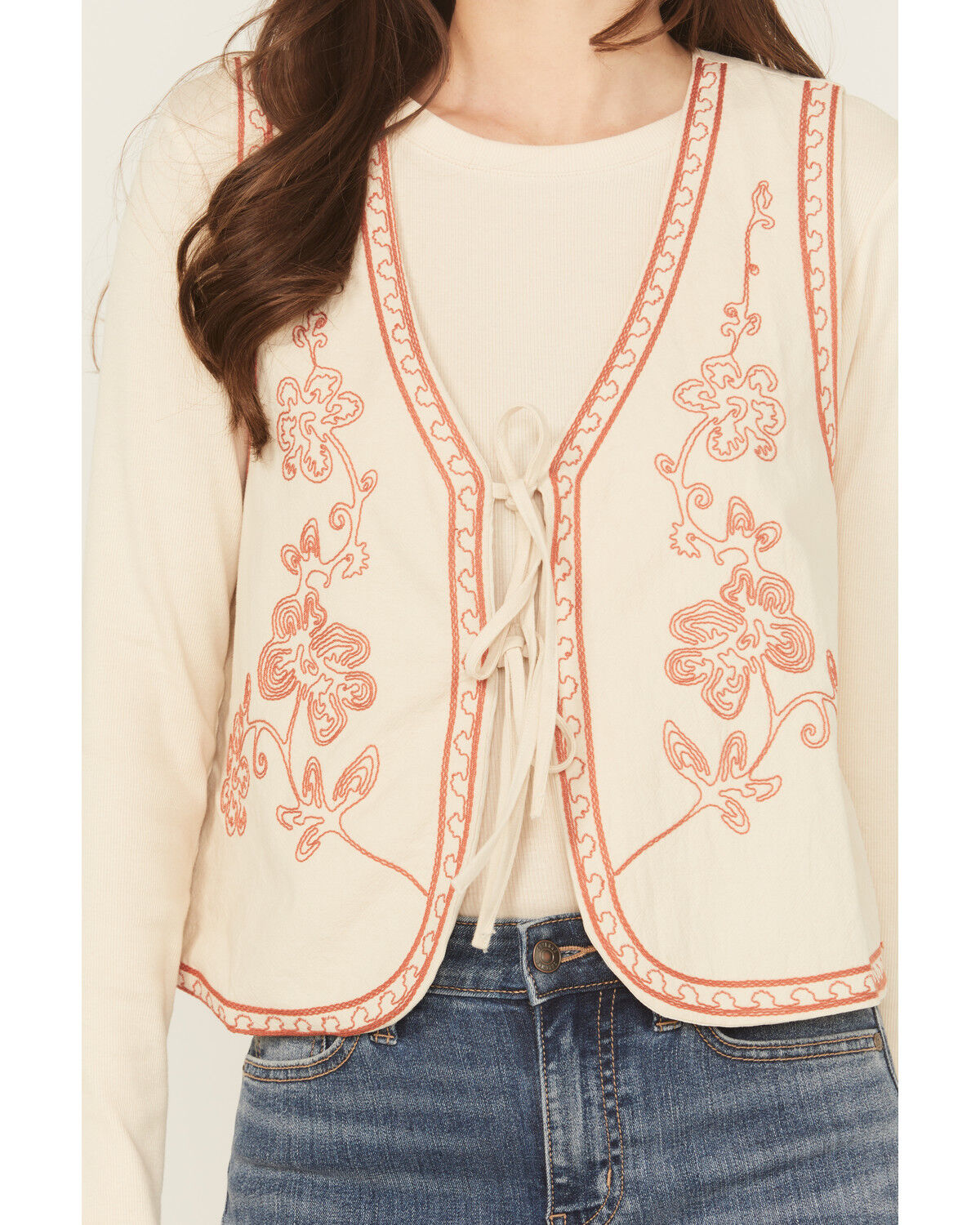 Image #3 - Easel Women's Floral Embroidered Tie-Front Vest, Cream, hi-res