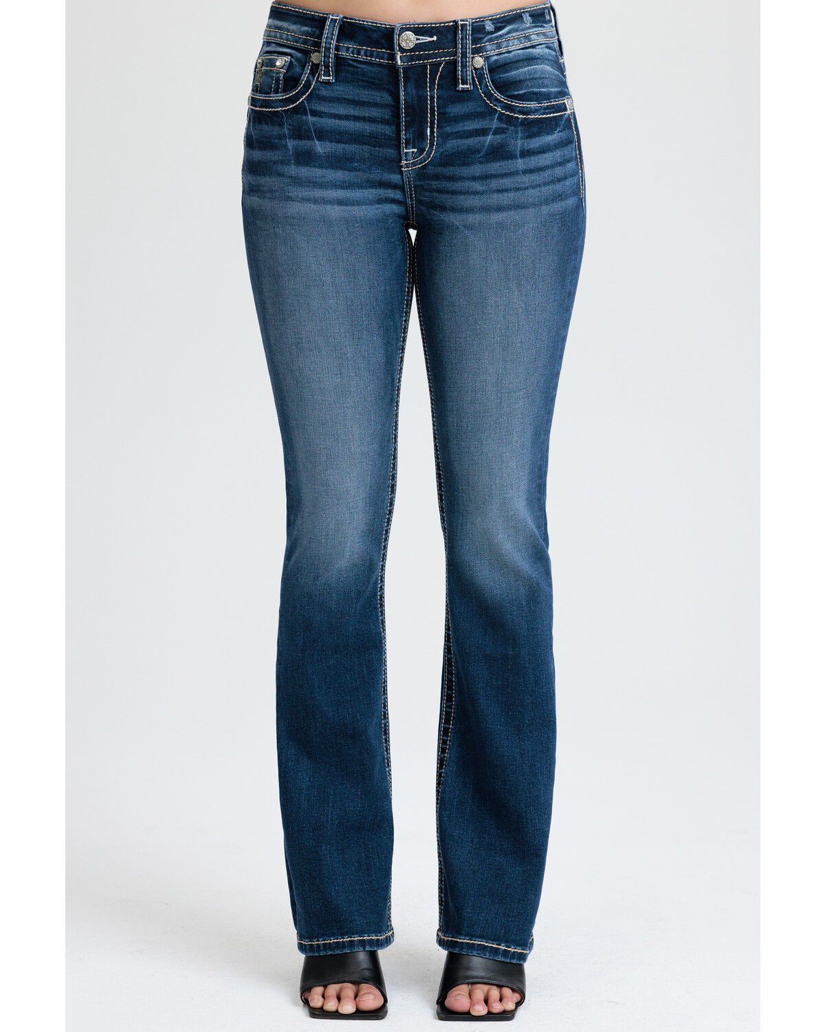 Image #2 - Miss Me Women's Dark Wash Mid Rise Fleur de Lis 32" Bootcut Stretch Denim Jeans, Dark Wash, hi-res
