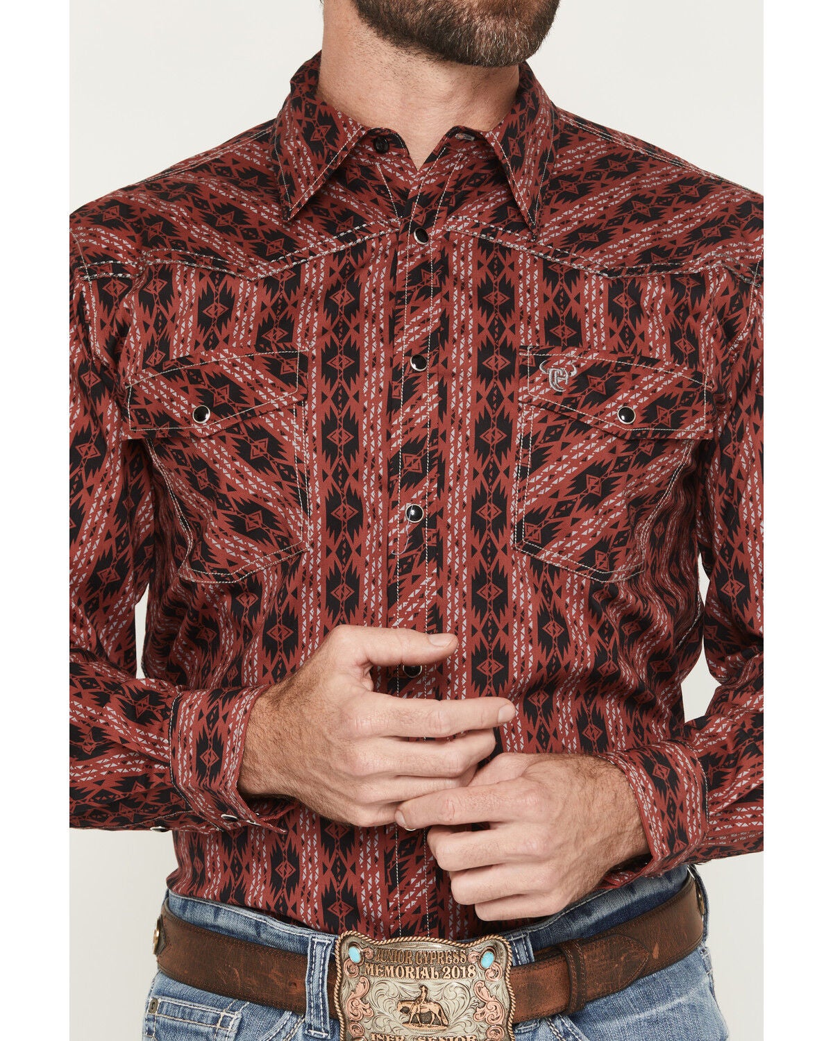 Image #3 - Cowboy Hardware Men's Southwestern Print Long Sleeve Snap Stretch Western Shirt, Red, hi-res