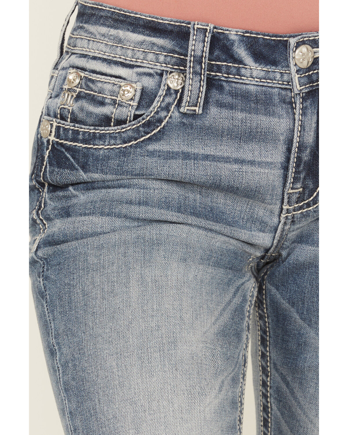 Image #4 - Miss Me Women's Dark Wash Mid Rise Floral Cross Pocket Stretch Denim Jeans, Dark Wash, hi-res