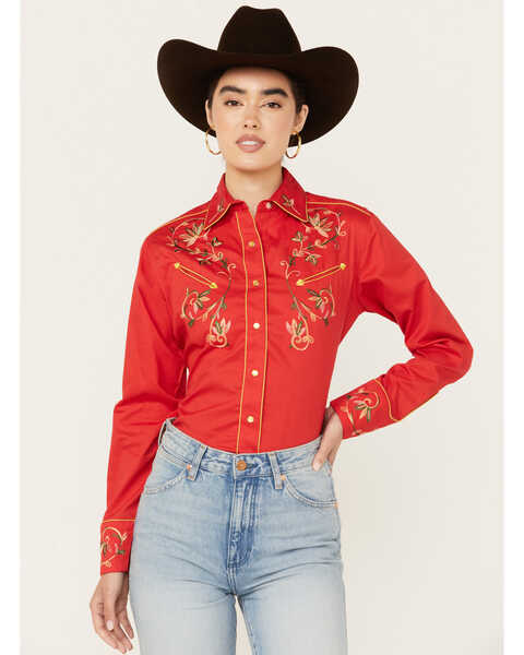 Rockmount Ranchwear Women's Floral Embroidered Long Sleeve Pearl Snap Western Shirt, Red, hi-res