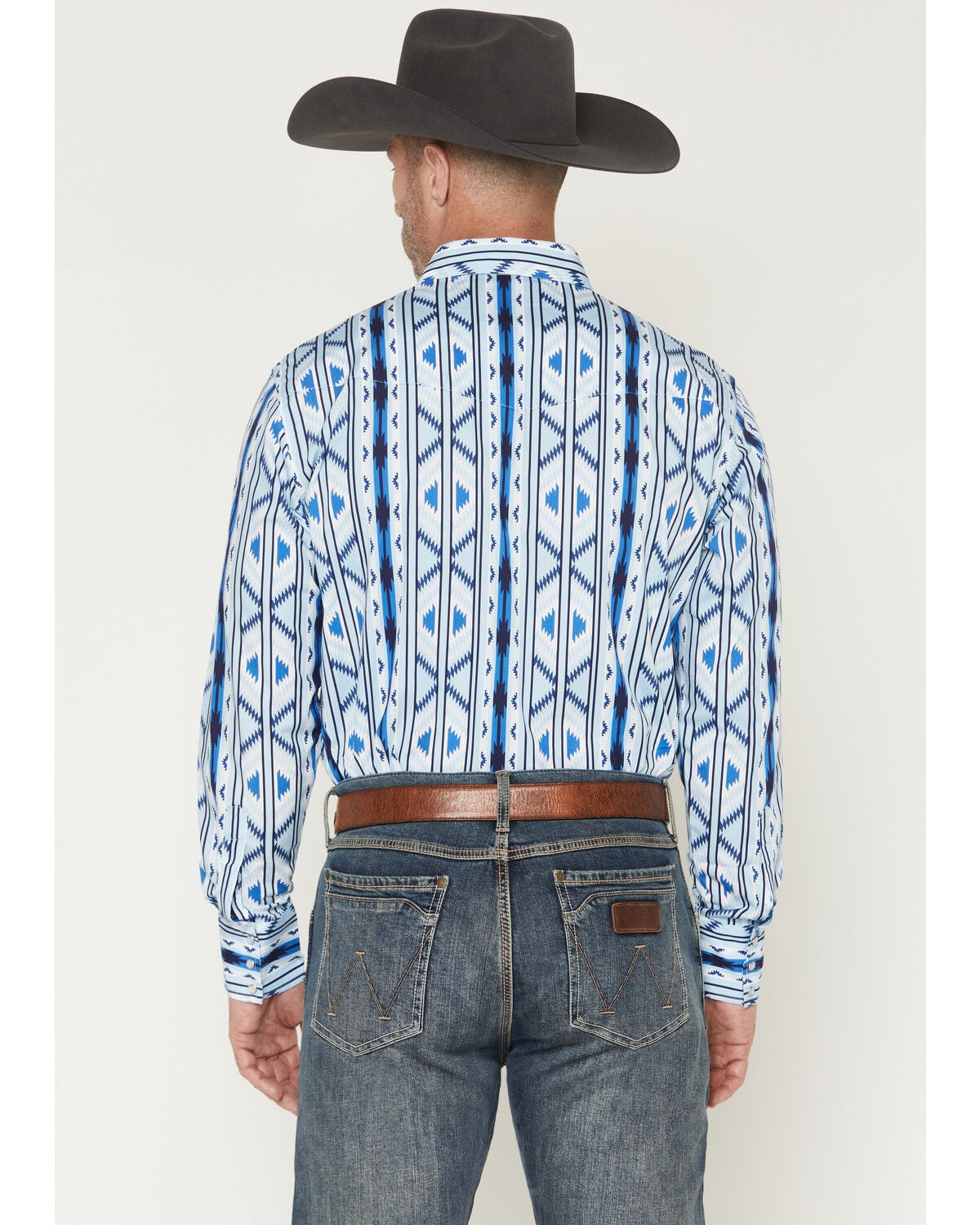 Image #4 - Wrangler Men's Checotah Southwestern Striped Long Sleeve Pearl Snap Western Shirt - Tall, Blue, hi-res