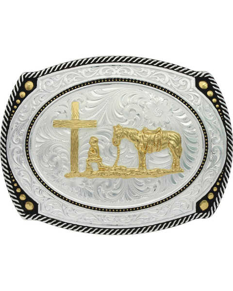 Montana Silversmiths Men's Large Roped Christian Cowboy Belt Buckle , Silver, hi-res