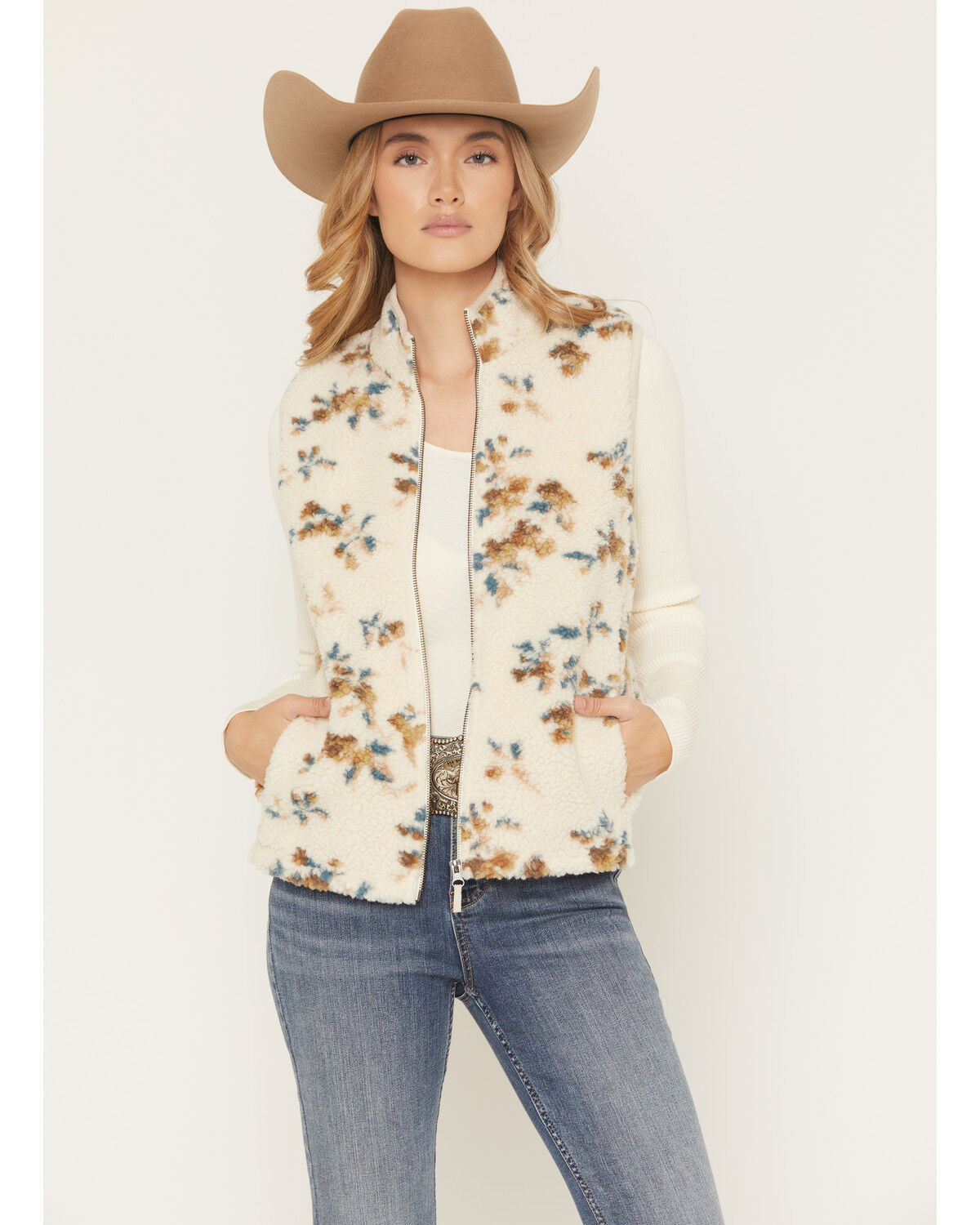 Image #1 - Shyanne Women's Floral Print Sherpa Vest, Cream, hi-res