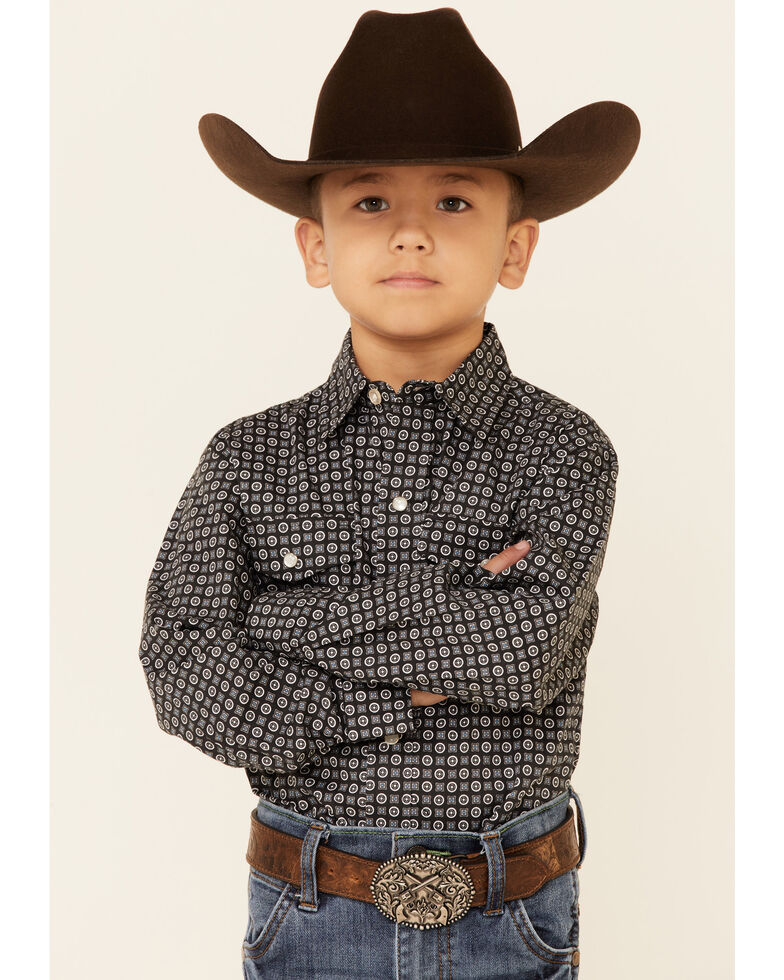 Roper Boys' Storm Front Foulard Geo Print Long Sleeve Snap Western Shirt , Black, hi-res