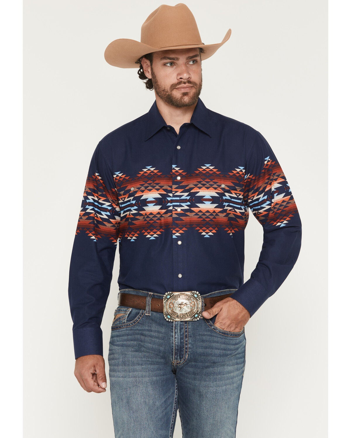 Image #1 - Panhandle Slim Men's Southwestern Border Print Long Sleeve Pearl Snap Western Shirt, Navy, hi-res