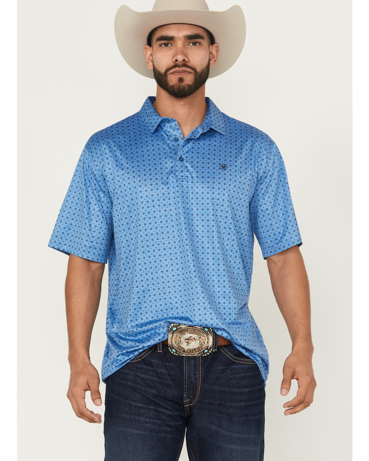 Image #1 - Ariat Men's Charger 2.0 Geo Print Short Sleeve Button-Down Polo Shirt, Blue, hi-res