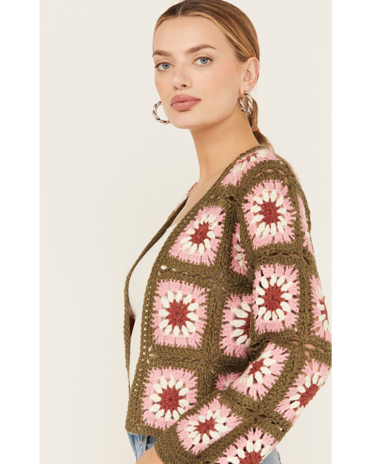 Image #2 - Sadie & Sage Women's Whoopsie Daisy Crochet Cropped Cardigan, Olive, hi-res