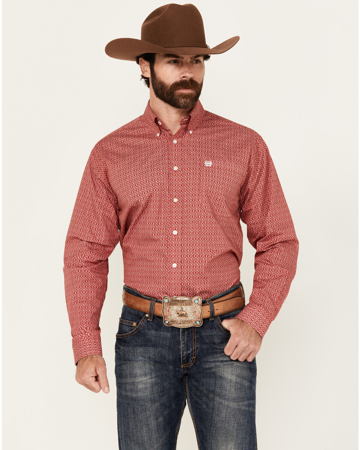 Image #1 - Cinch Men's Geo Print Long Sleeve Button-Down Western Shirt, Red, hi-res