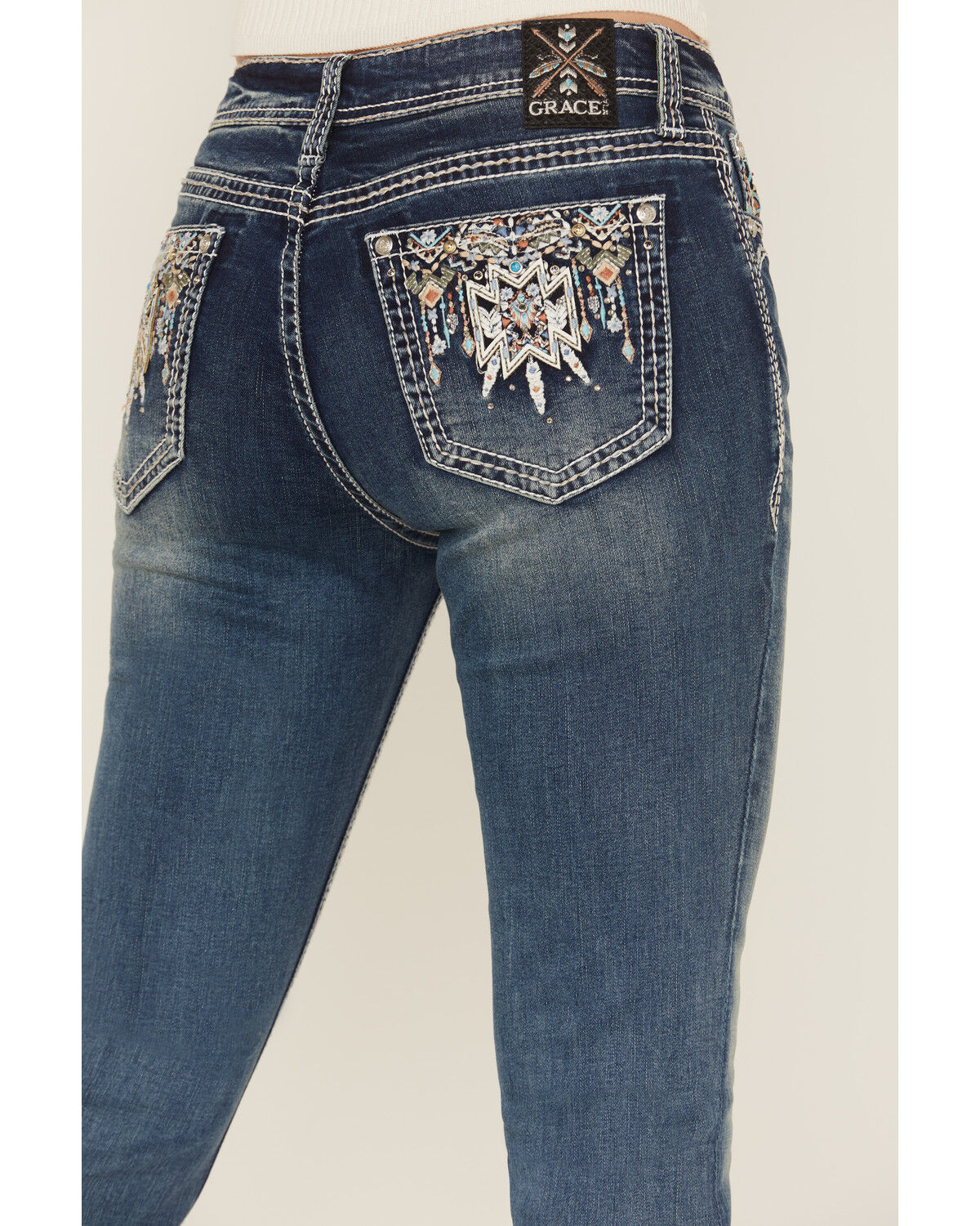 Image #2 - Grace in LA Women's Medium Wash Geo Print Embroidered Bootcut Stretch Denim Jeans, Medium Wash, hi-res