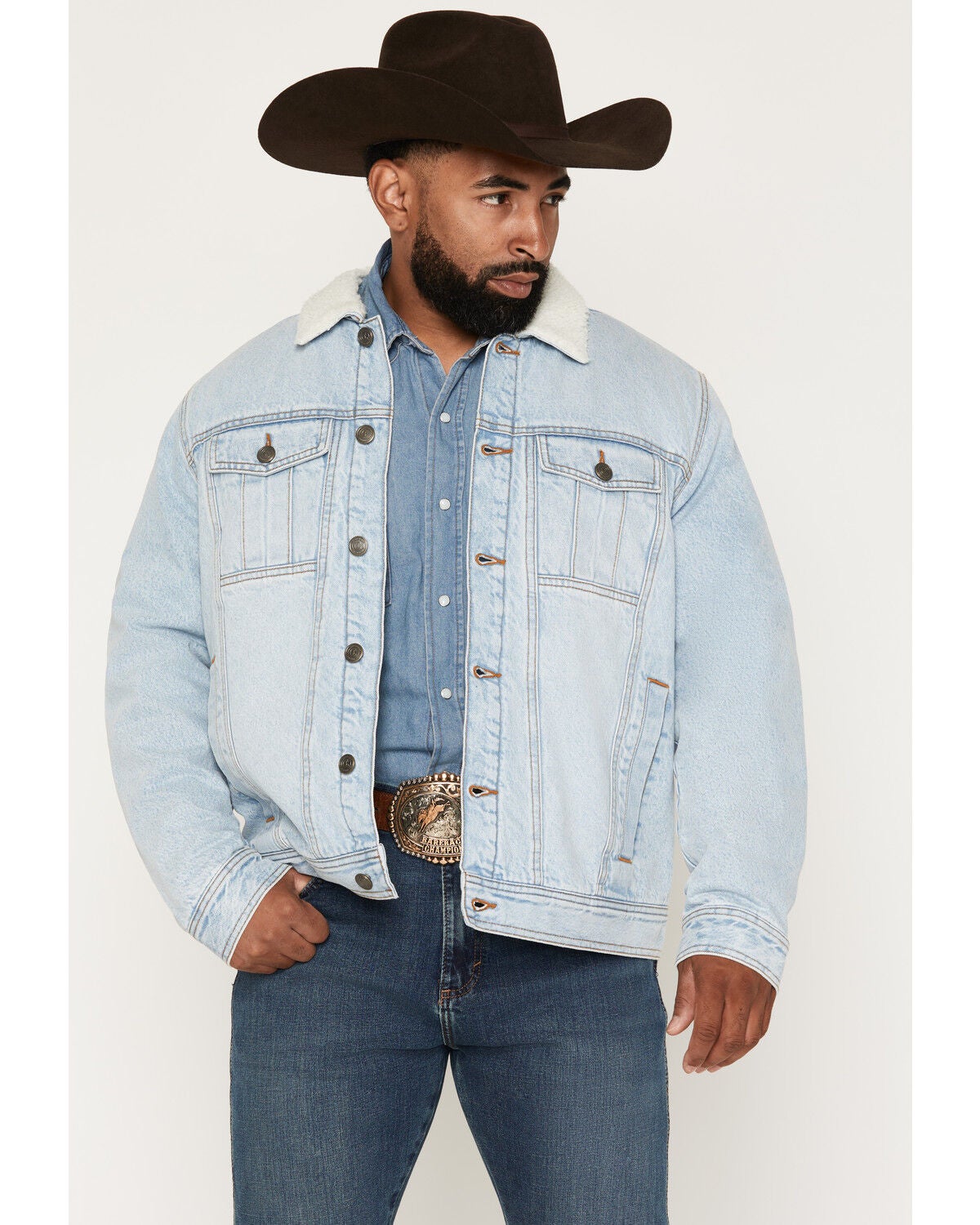 Image #1 - Cody James Men's Caballo Sherpa Lined Trucker Jacket, Light Wash, hi-res