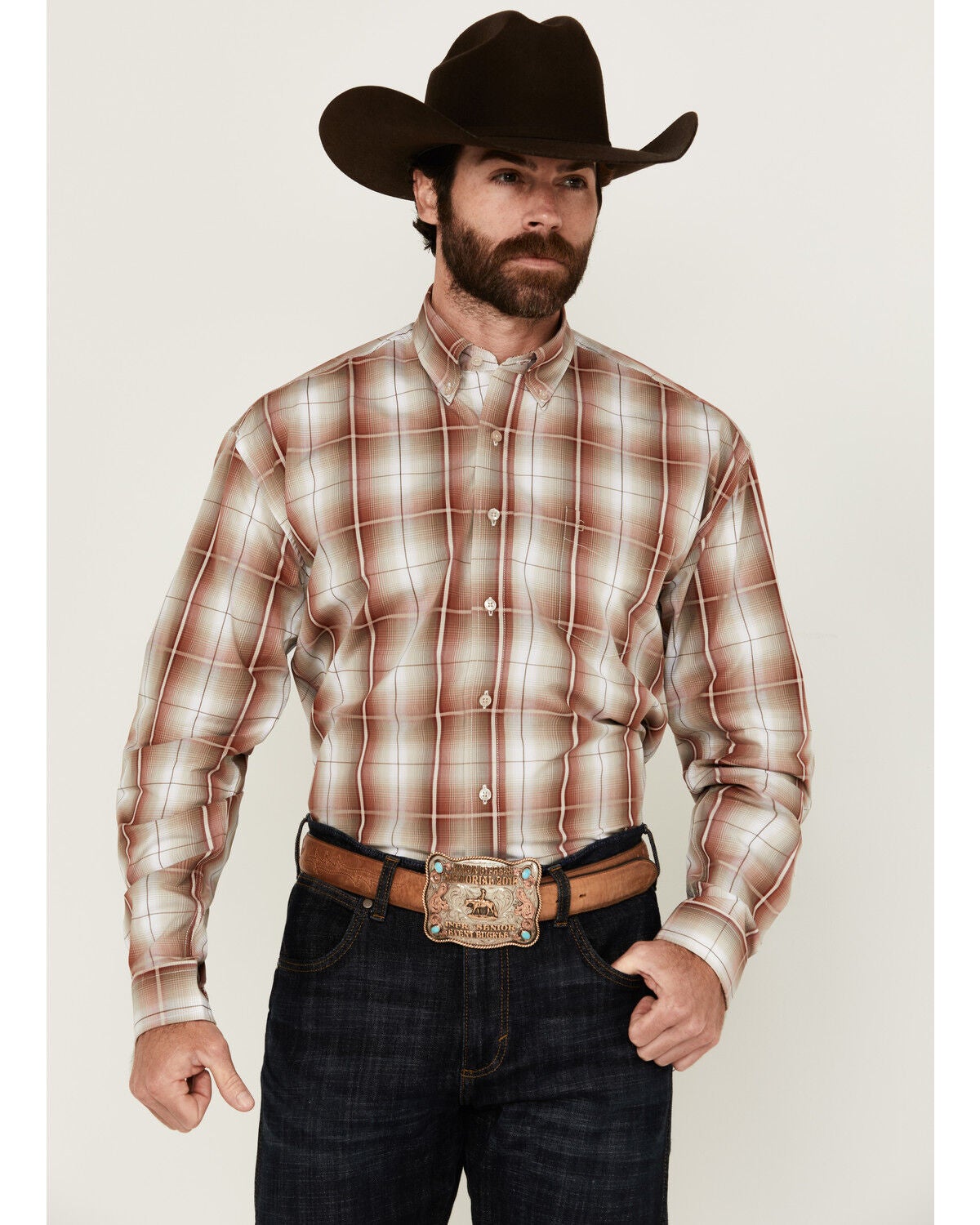 Stetson Men's Plaid Print Long Sleeve Button-Down Western Shirt, Red, hi-res