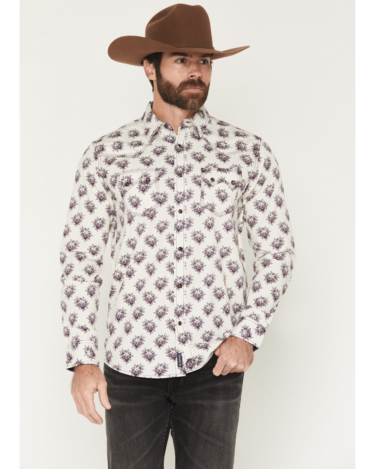 Image #1 - Moonshine Spirit&reg; Men's Memphis Floral Print Long Sleeve Snap Western Shirt, Ivory, hi-res