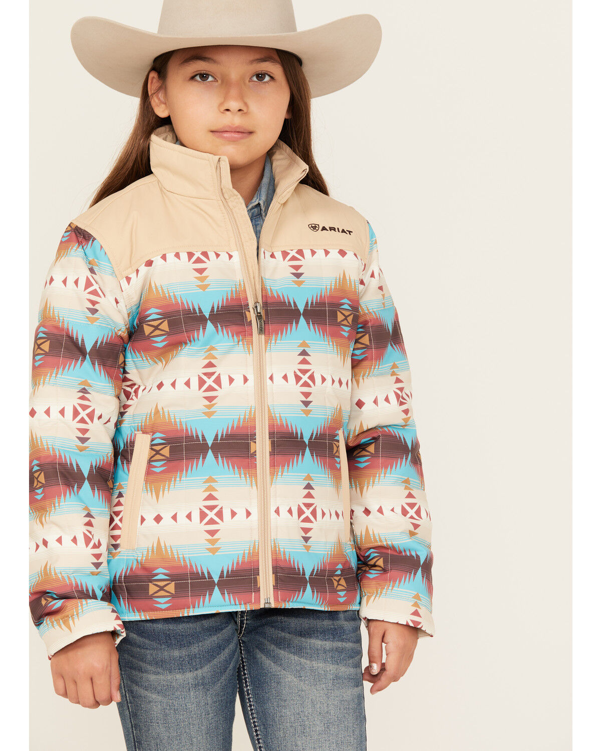 Image #1 - Ariat Girls' Southwestern Print Jacket, Tan, hi-res