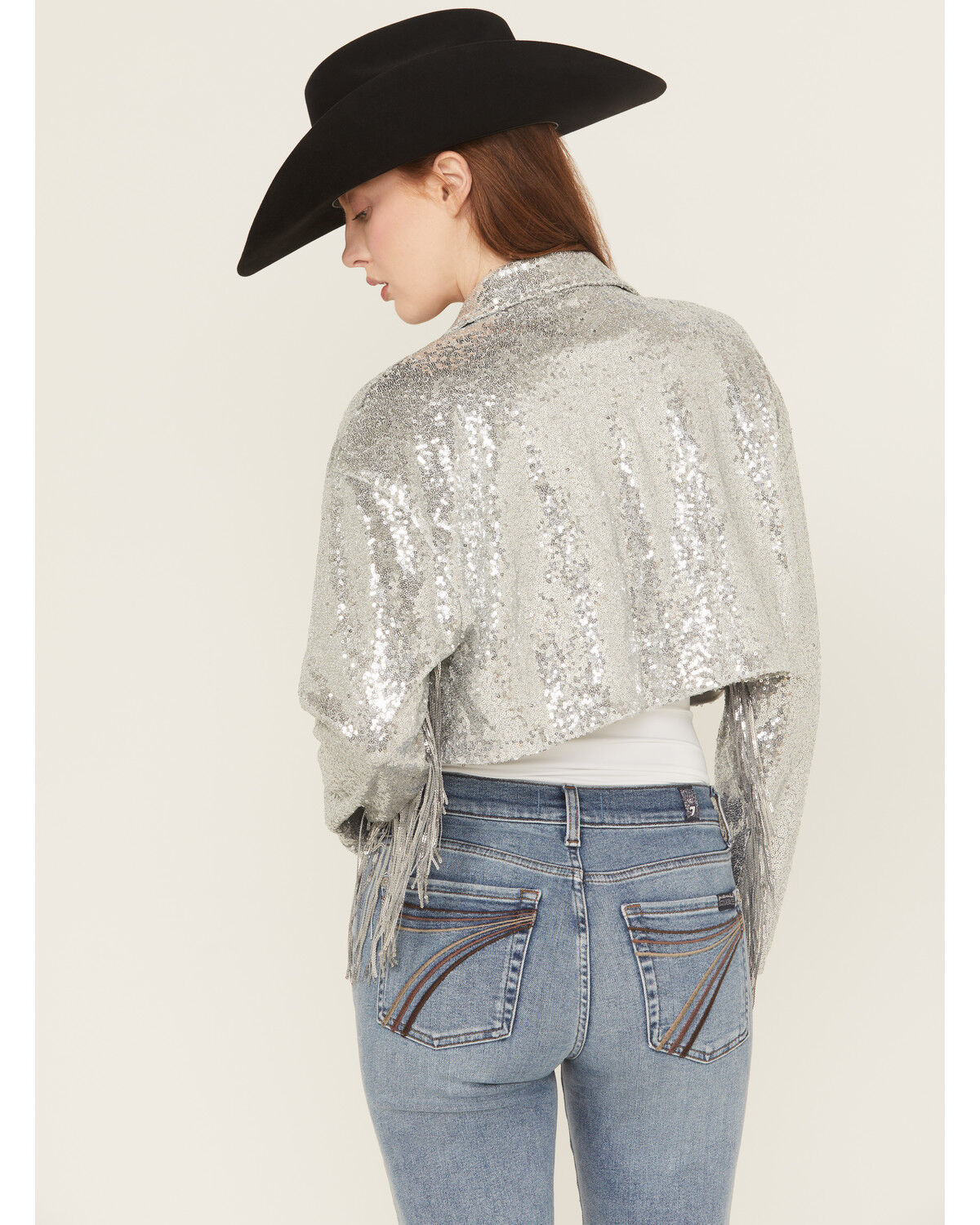 Image #4 - Saints & Hearts Women's Sequin Embellished Fringe Cropped jacket, Silver, hi-res