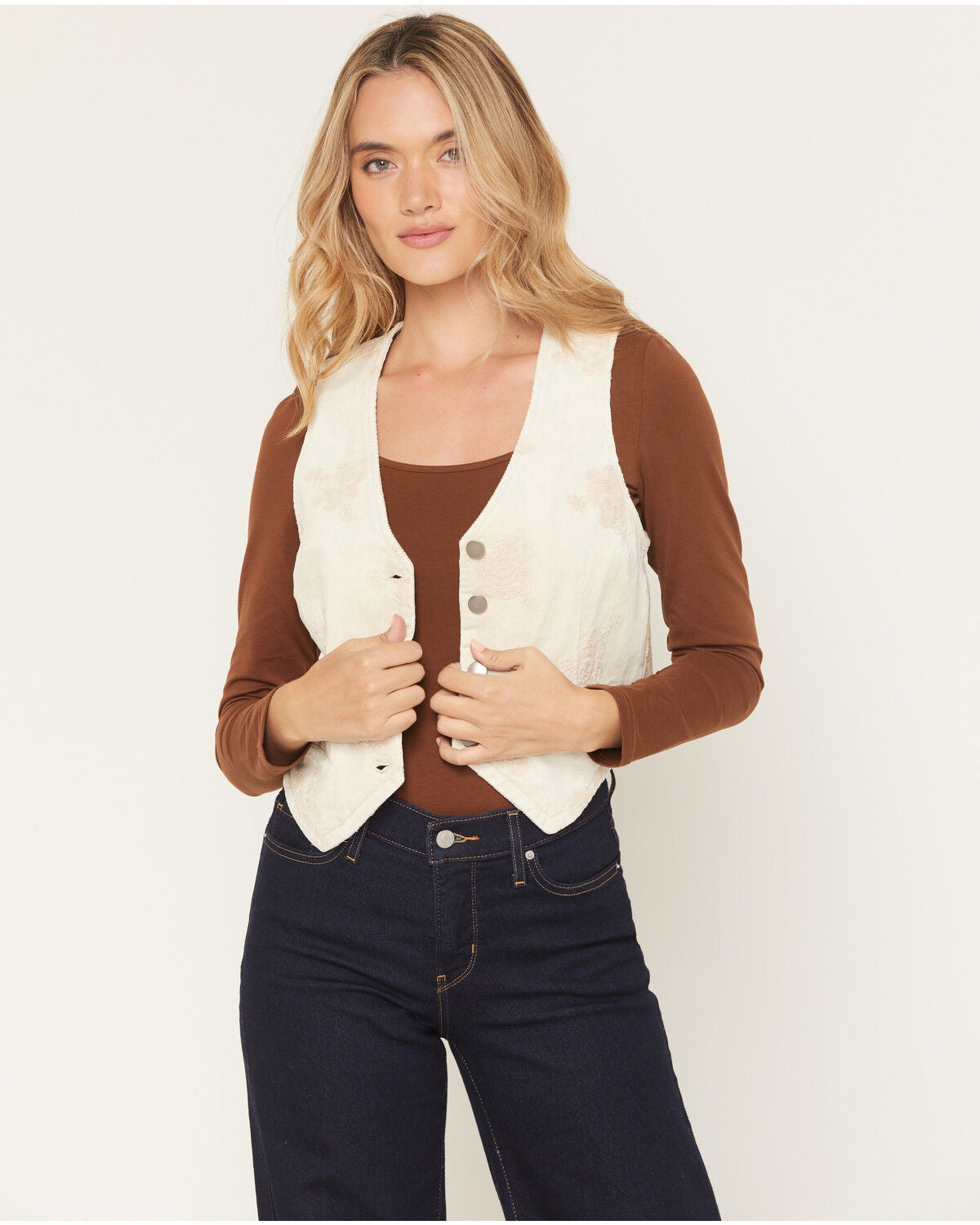Mystree Women's Corduroy Floral Embroidered Vest, Ivory, hi-res