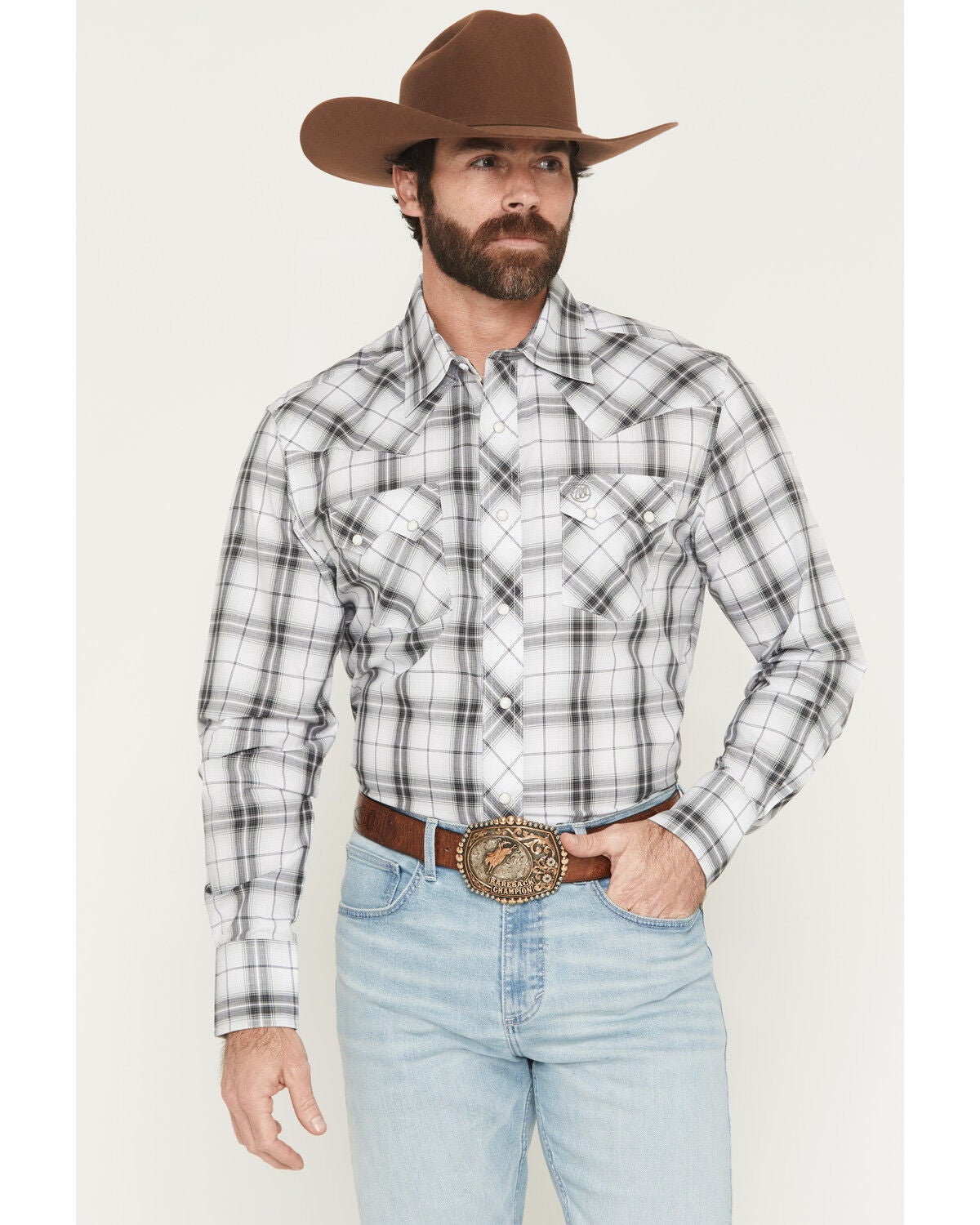 Wrangler Retro Men's Plaid Print Long Sleeve Snap Western Shirt, Black, hi-res