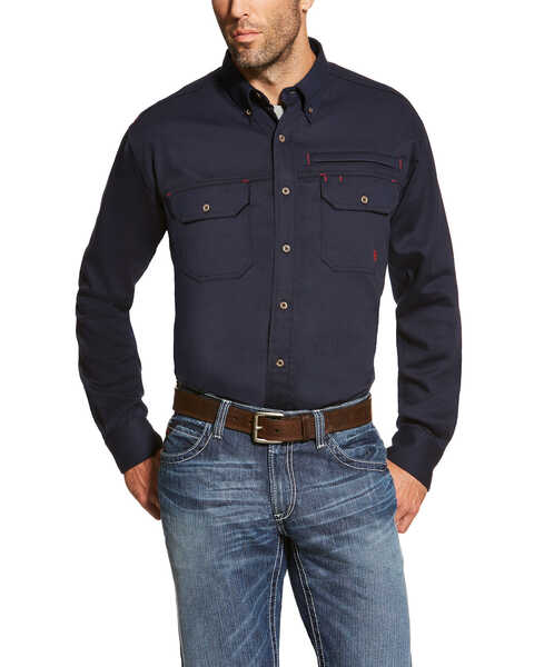 Image #1 - Ariat Men's FR Solid Vent Long Sleeve Button Down Work Shirt - Big, Navy, hi-res