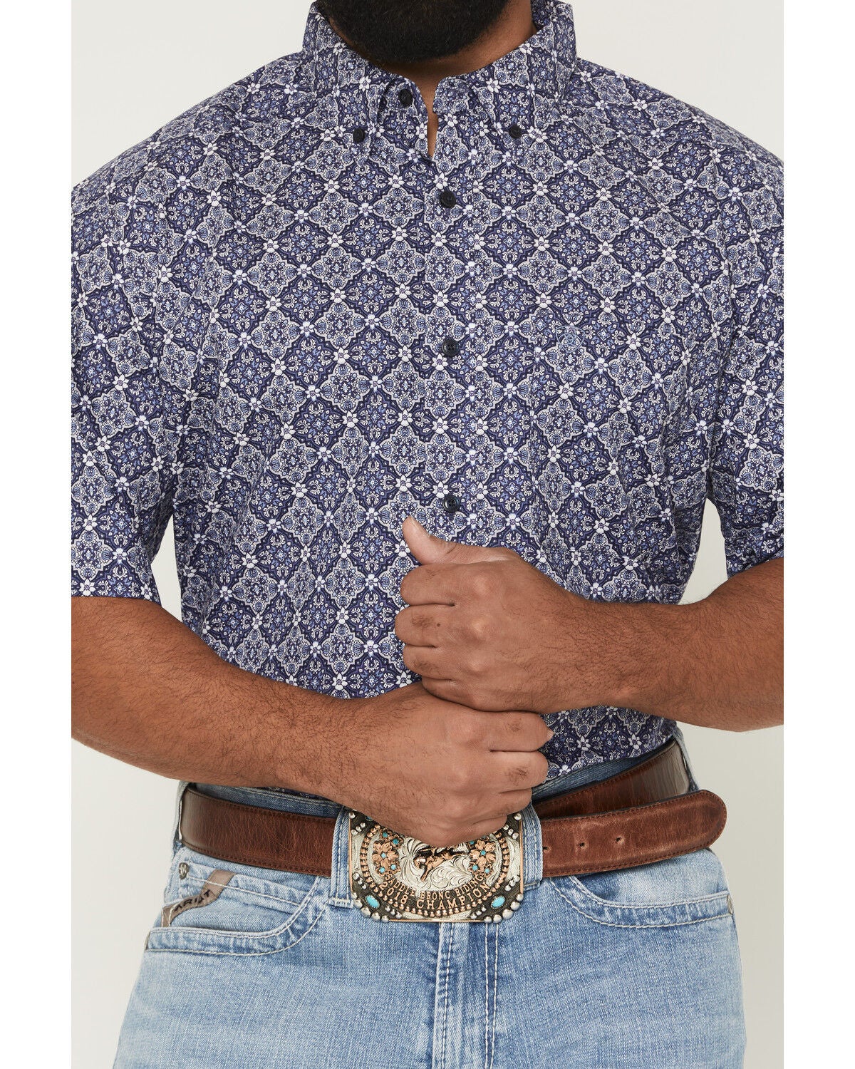 Image #3 - Ariat Men's Bill Medallion Print Short Sleeve Button-Down Western Shirt - Big, Blue, hi-res