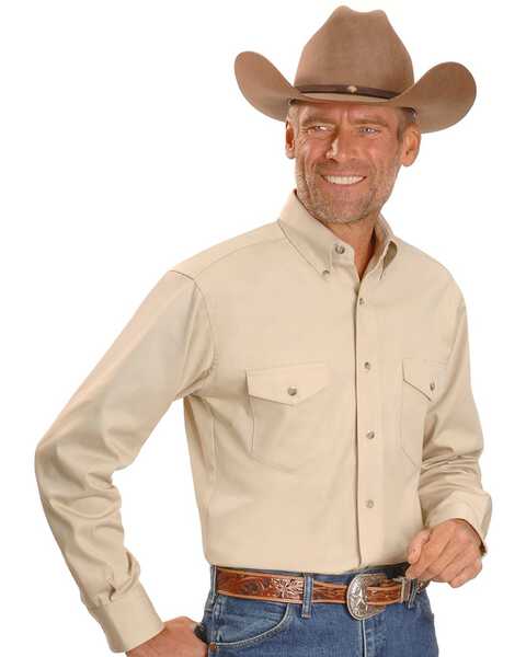 Wrangler Men's Painted Desert Solid Twill Long Sleeve Western Shirt, Tan, hi-res