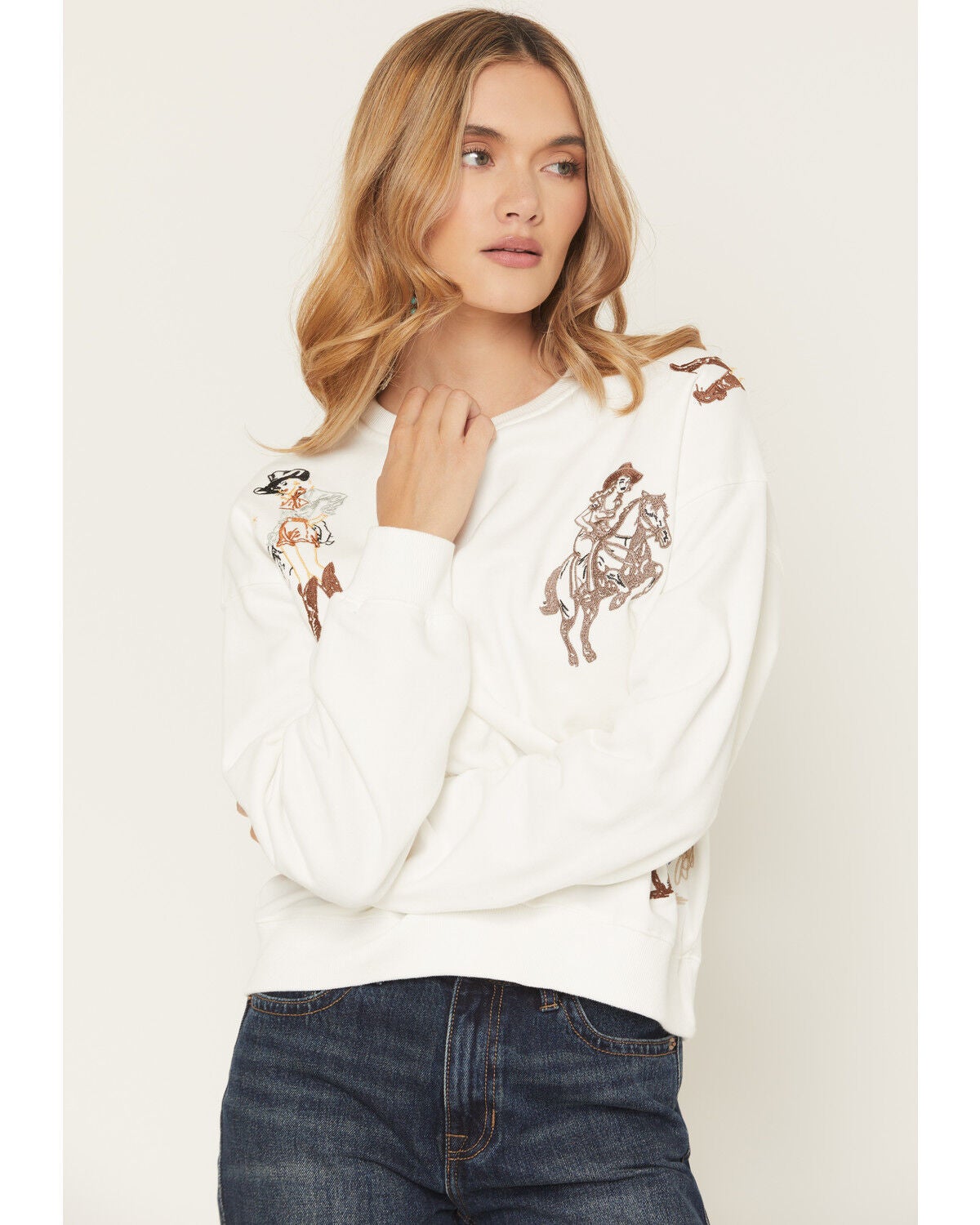 Blue B Women's Cowgirl Conversation Embroidered Crewneck, White, hi-res