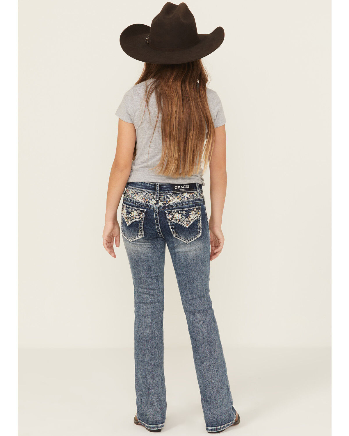 Image #1 - Grace In LA Girls' Medium Wash Floral Embroidered Faux Flap Pocket Bootcut Stretch Denim Jeans, Blue, hi-res