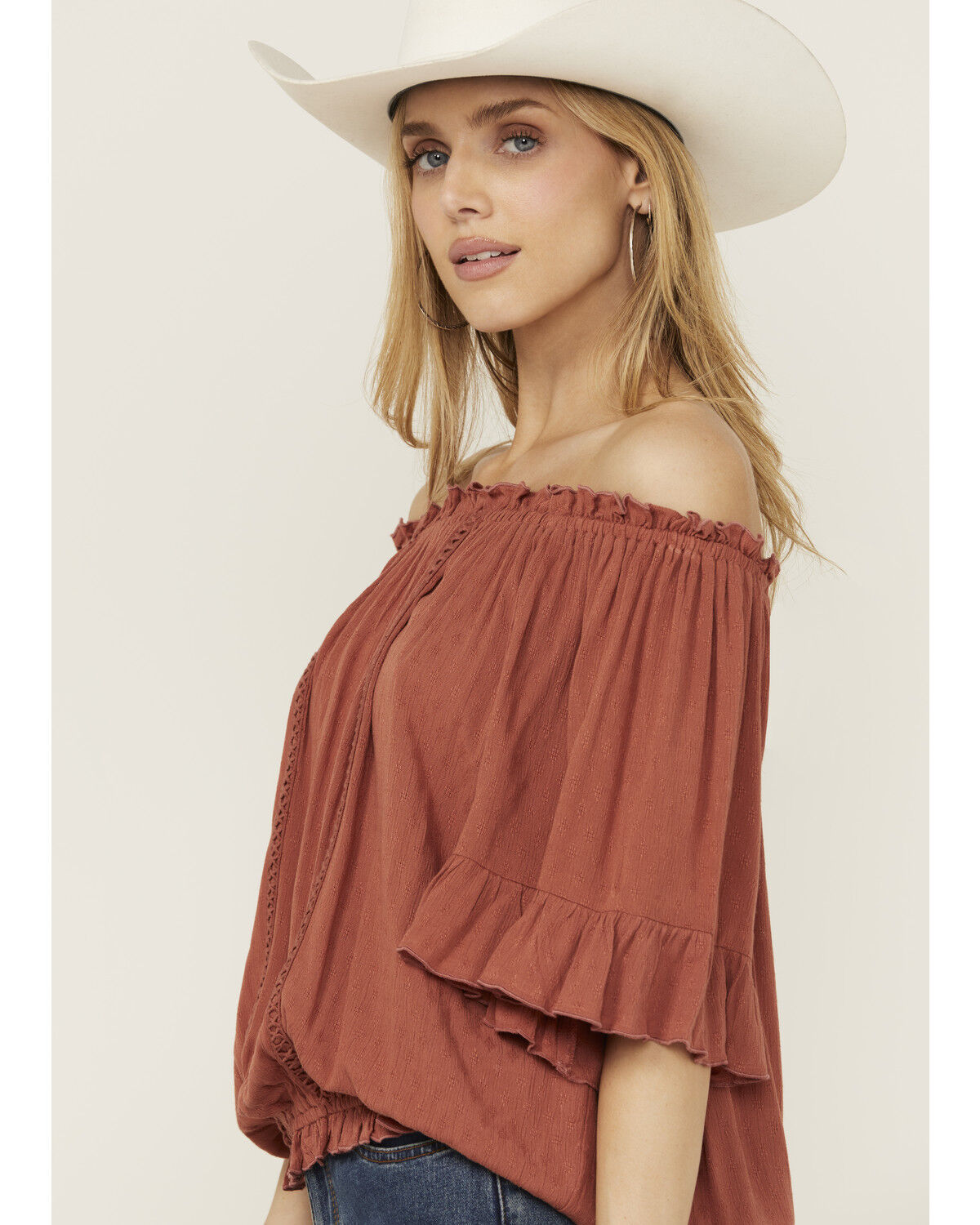 Image #2 - Band Of The Free Women's Solid Short Sleeve Off The Shoulder Blouse, Red, hi-res