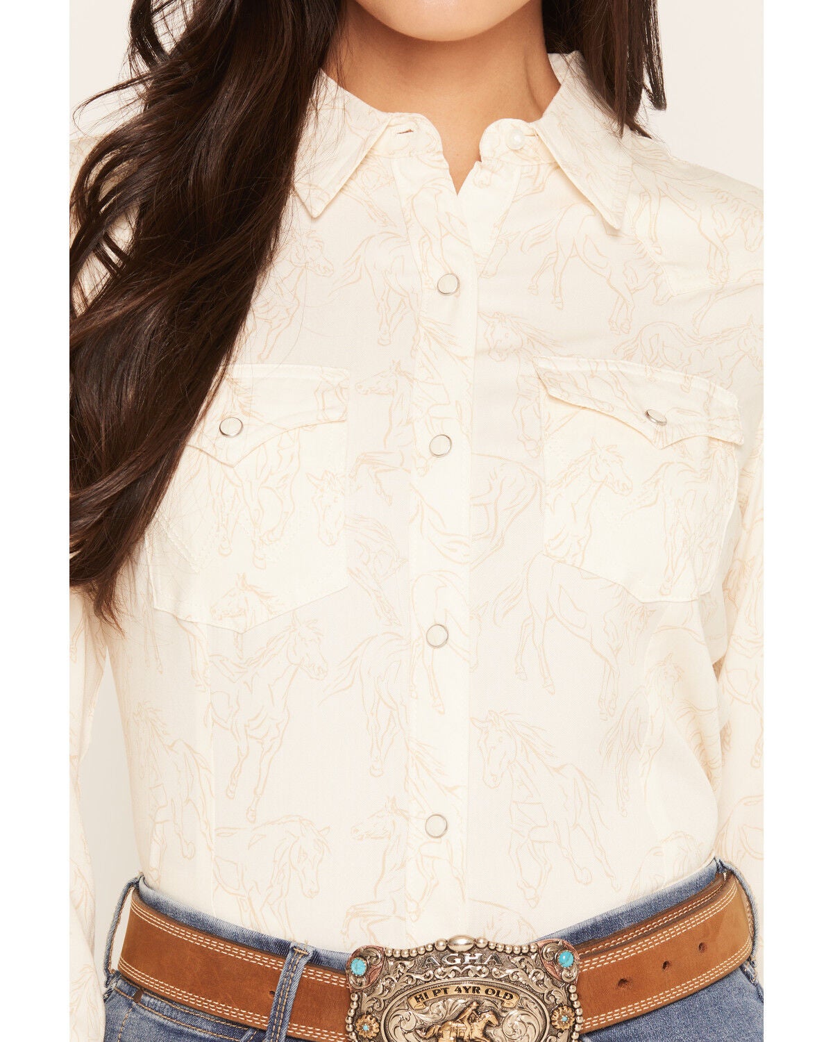 Image #3 - Wrangler Retro Women's Sierra Horse Print Slim Long Sleeve Snap Western Shirt, Cream, hi-res