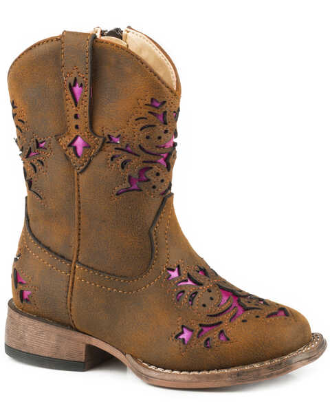 Image #1 - Roper Toddler Girls' Lola Brown Metallic Underlay Western  Boots - Square Toe, Brown, hi-res