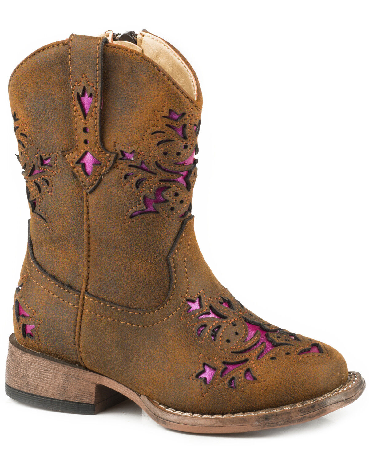 Image #1 - Roper Toddler Girls' Lola Brown Metallic Underlay Western Boots - Square Toe, Brown, hi-res