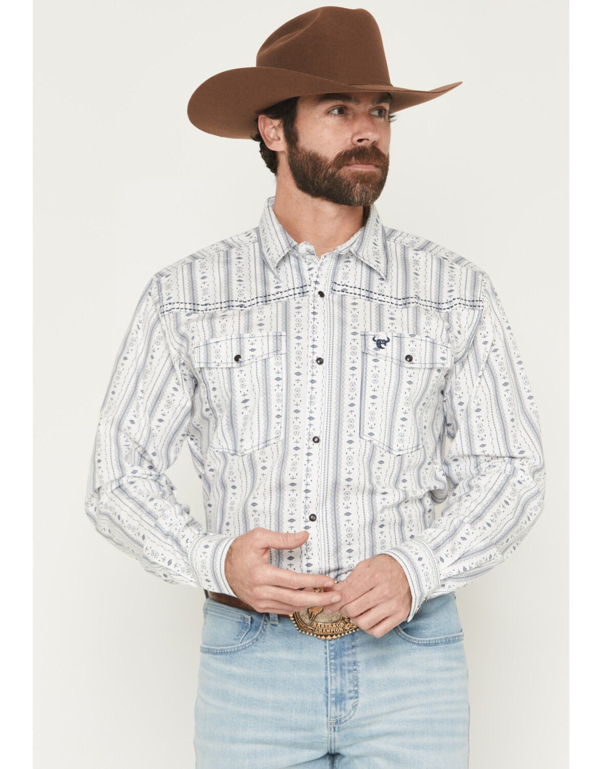 Image #1 - Cowboy Hardware Men's Southwestern Stripe Print Long Sleeve Snap Stretch Western Shirt, White, hi-res