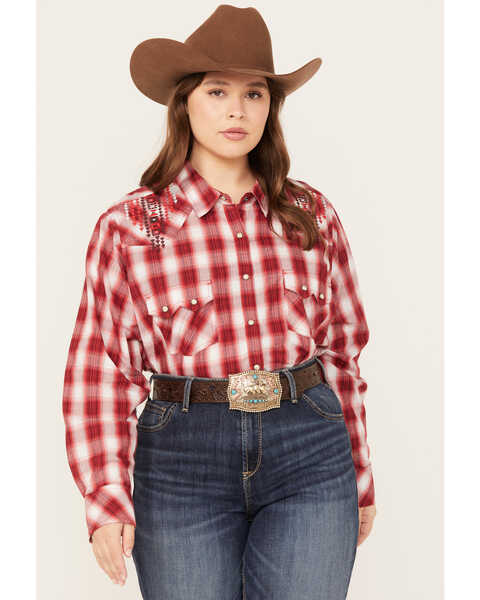 Image #1 - Ariat Women's R.E.A.L. Embroidered Plaid Print Long Sleeve Western Pearl Snap Shirt - Plus, Red, hi-res