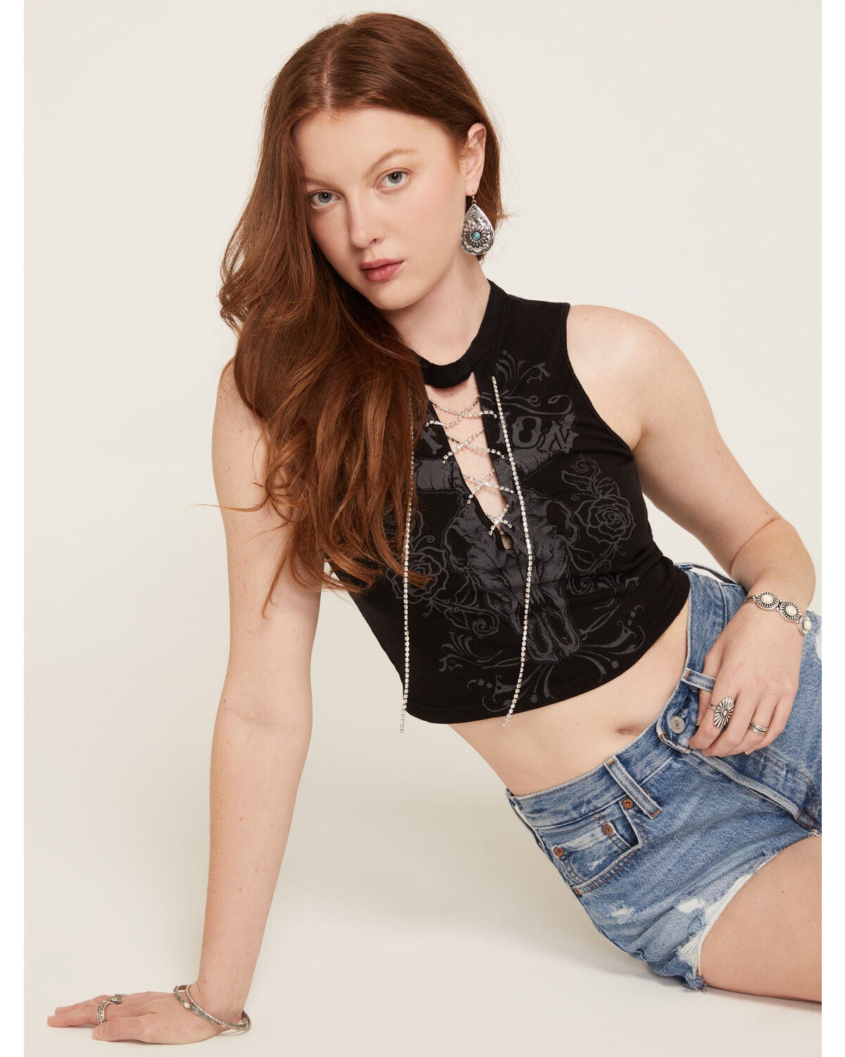 Image #1 - Affliction Women's Crystal Canyon Steer Sleeveless Tank Top, Black, hi-res