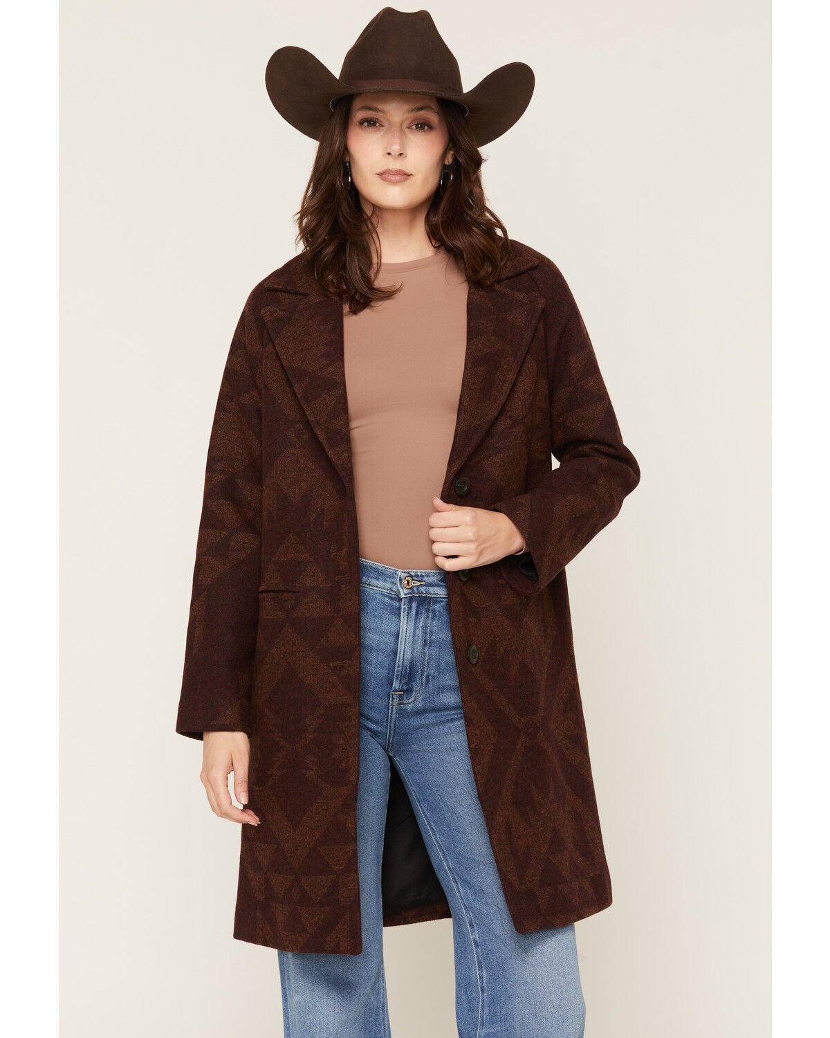Image #1 - Pendleton Women's Geo Print Button-Down Wool Coat, Red, hi-res
