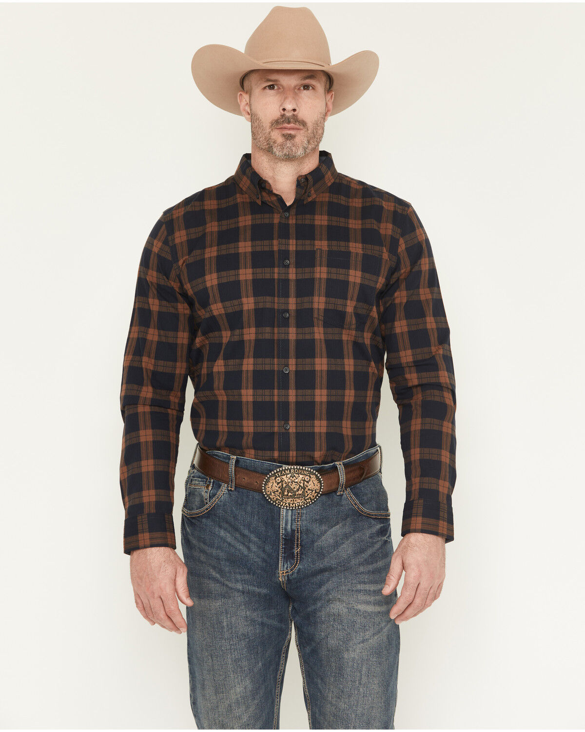 Image #1 - Cody James Men's Rodeo Frontier Plaid Print Long Sleeve Button-Down Stretch Western Shirt, Navy, hi-res
