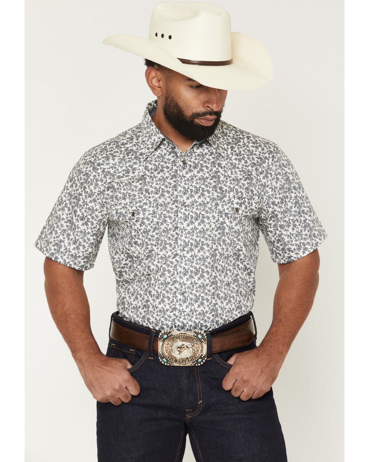 Image #1 - Cody James Men's Flynn Floral Print Short Sleeve Snap Western Shirt, White, hi-res