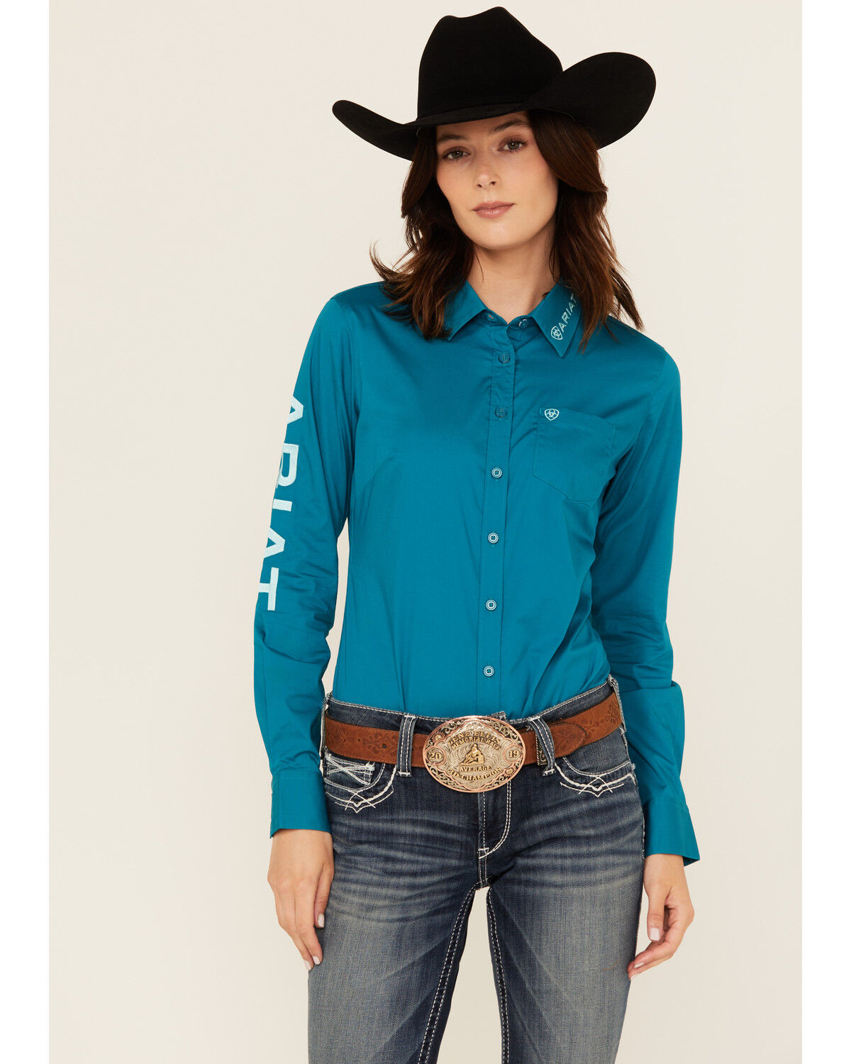 Image #1 - Ariat Women's Team Kirby Logo Long Sleeve Button-Down Stretch Western Shirt, Turquoise, hi-res