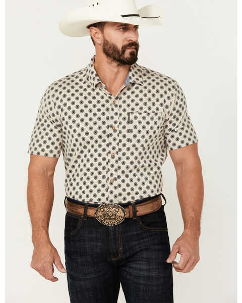 Ariat Men's Retro Medallion Print Short Sleeve Button-Down Stretch Western Shirt , Beige, hi-res