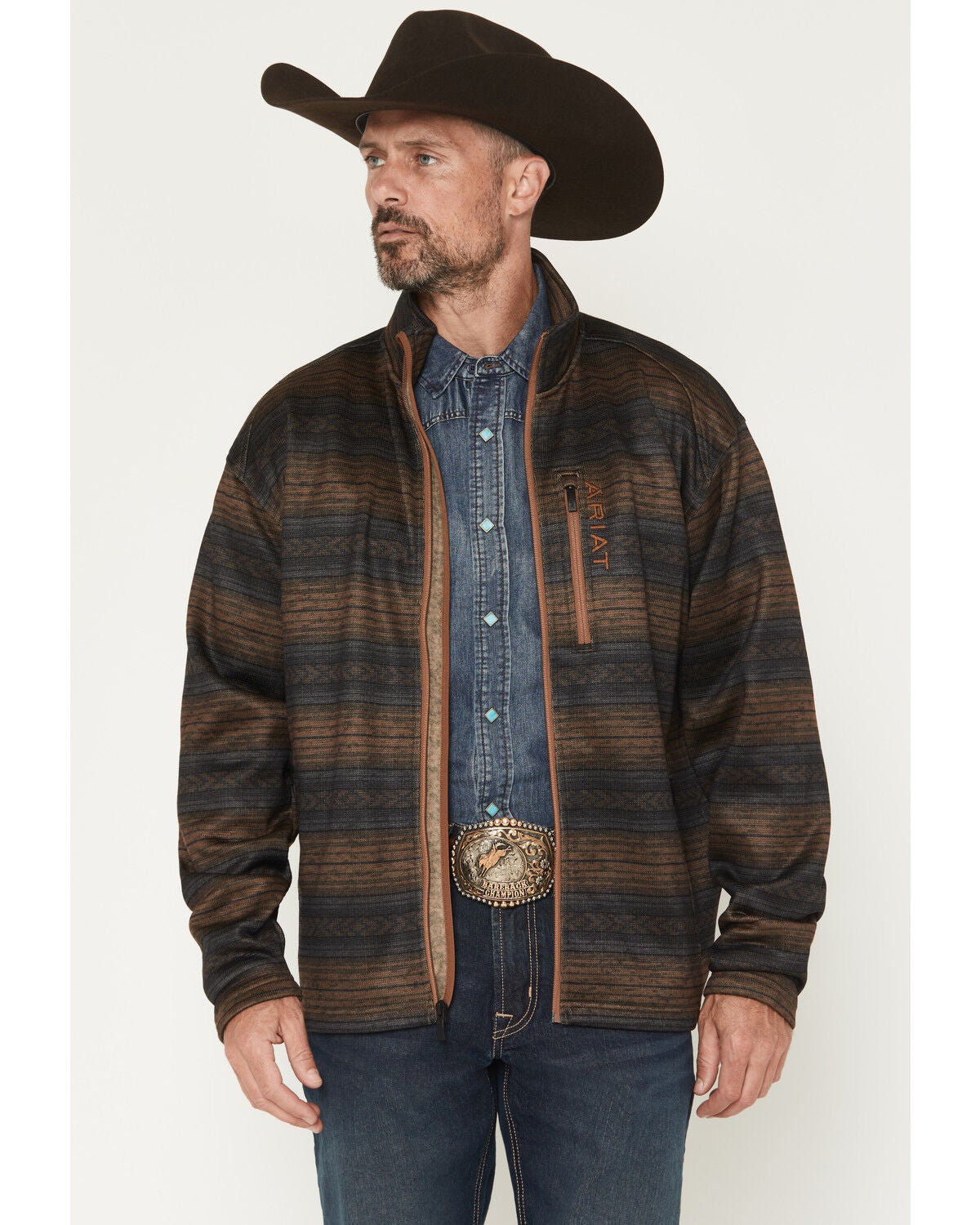 Image #1 - Ariat Men's Caldwell Southwestern Print Full Zip Sweater, Navy, hi-res