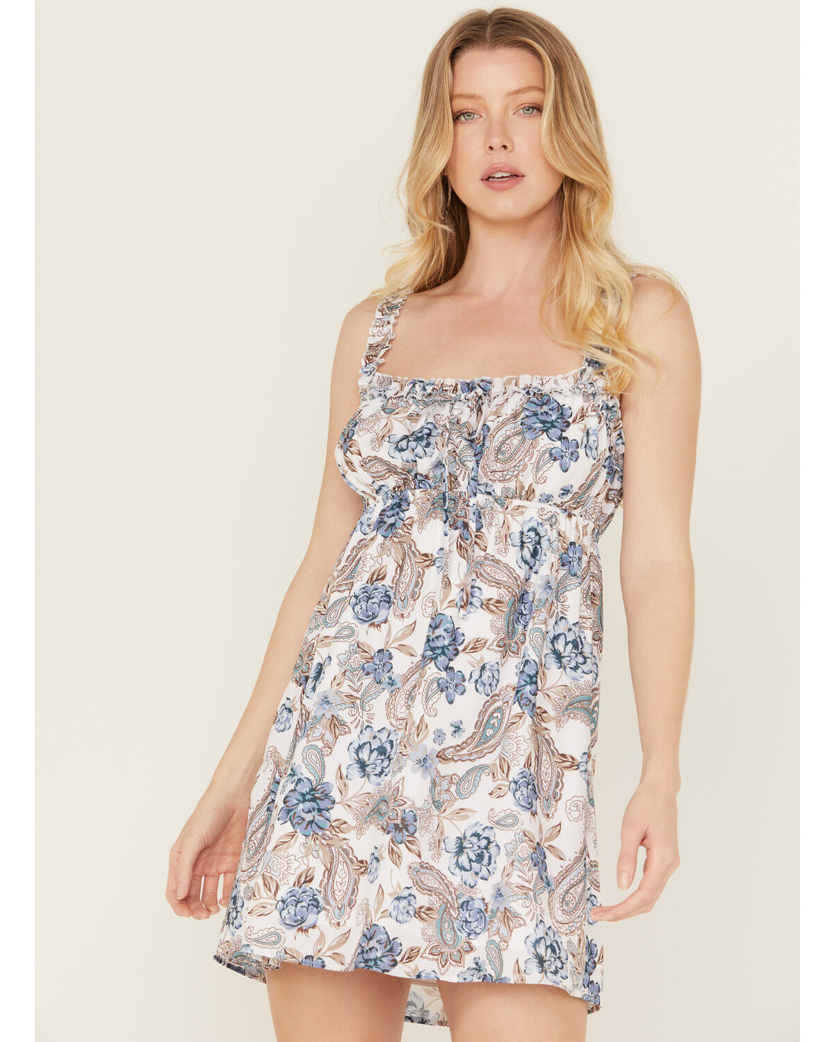 Image #2 - Wild Moss Women's Ruffle Trim Floral Print Mini Dress, Ivory, hi-res