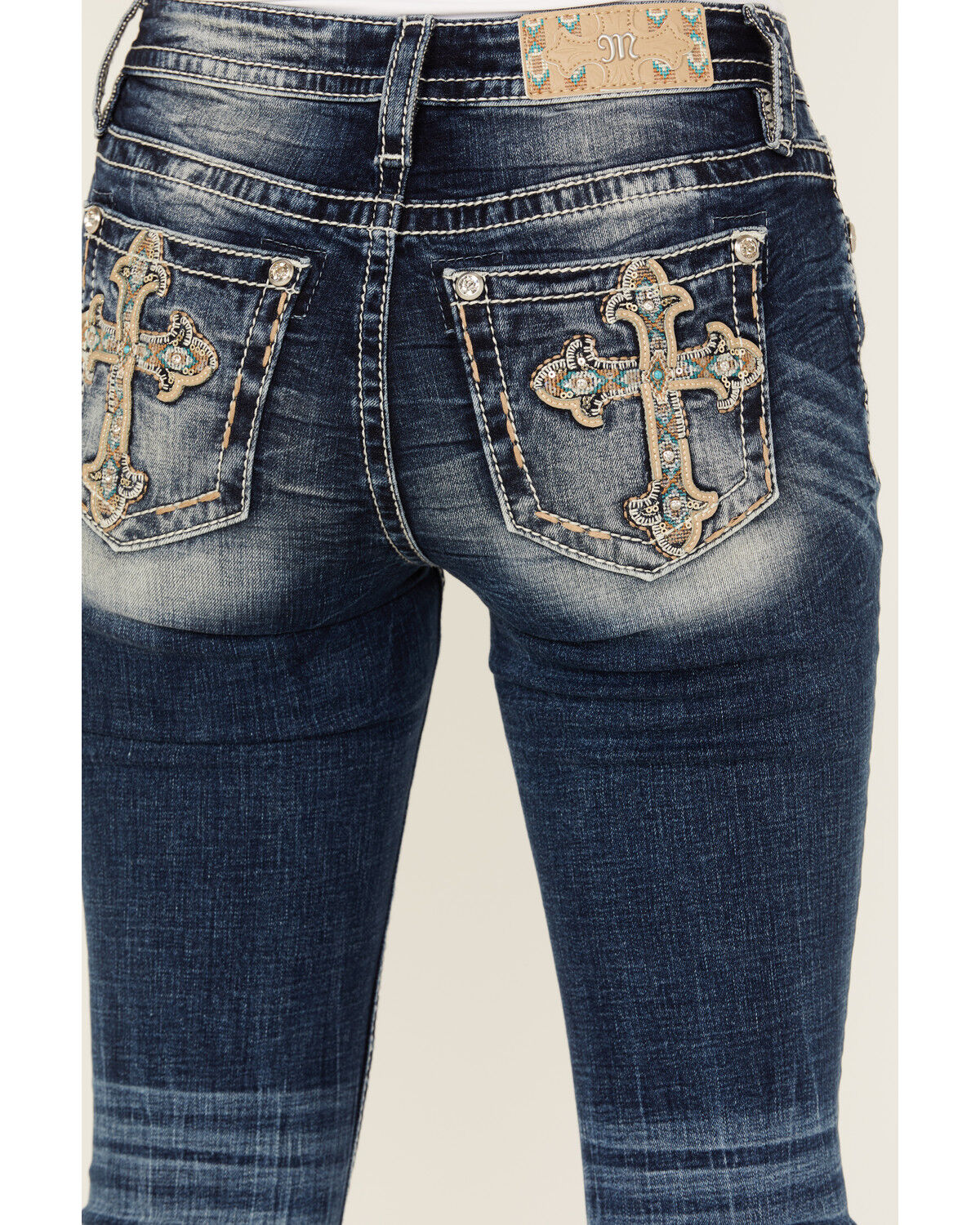 Image #2 - Miss Me Women's Dark Wash Cross Pocket Mid Rise Bootcut Stretch Denim Jeans, Dark Wash, hi-res