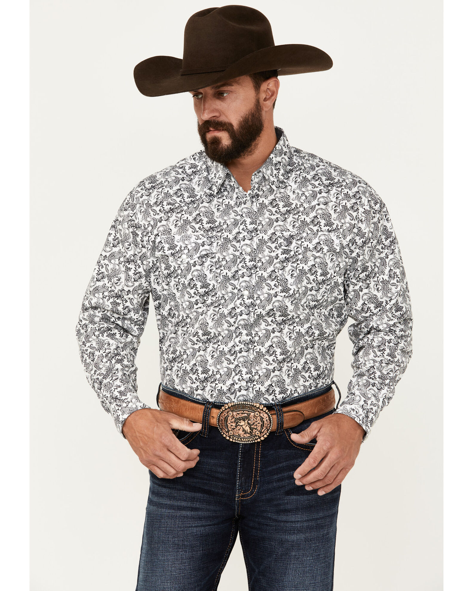 Product Name: Rodeo Clothing Men's Paisley Print Long Sleeve Pearl Snap  Western Shirt