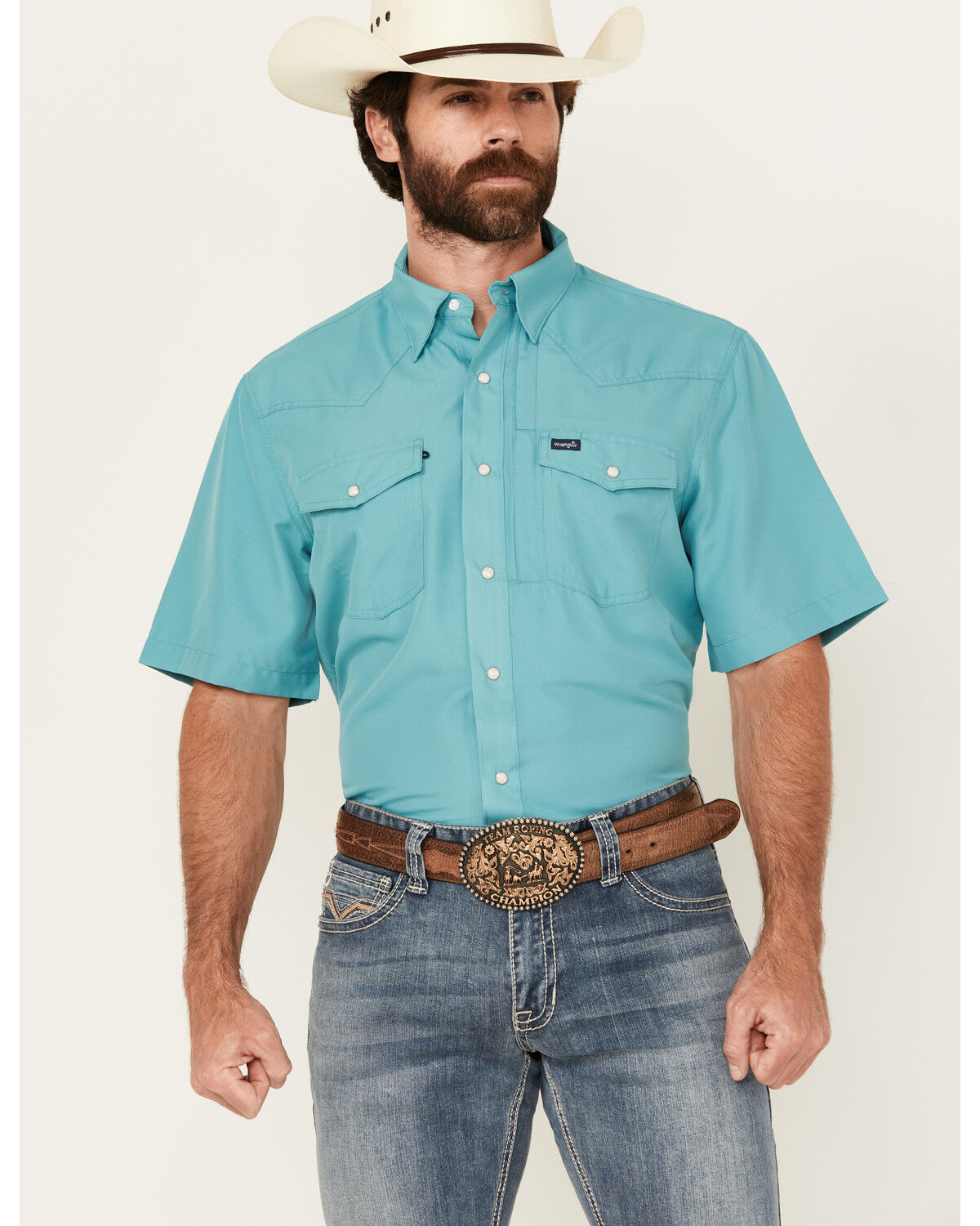 Image #1 - Wrangler Men's Solid Short Sleeve Snap Performance Western Shirt - Tall, Turquoise, hi-res